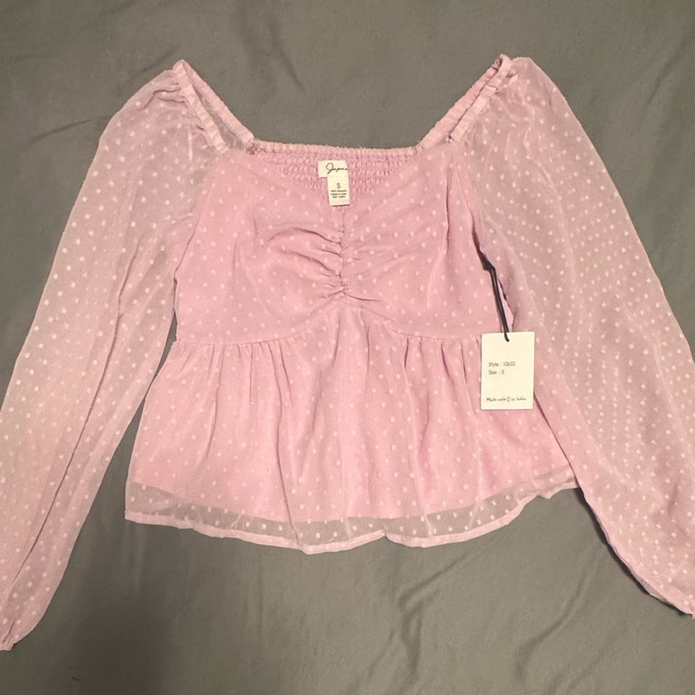 Japna Pink Ruched Peplum Long Sleeve Blouse